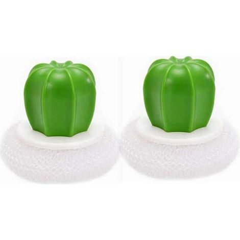 2pcs pinceaux de Cuisine en Forme de Cactus créatifs, Cactus Pot Fil éponge Boule Plat Brosse de Lavage en Acier Inoxydable récureurs Brosse de Nettoyage avec poignée en Plastique Blanc