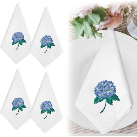 Lot de 4 serviettes de table en tissu - Blanc - 44 x 44 cm - Avec broderie florale - Serviettes de table en coton - Pour mariage, anniversaire, fête - Décoration de table (1/5)
