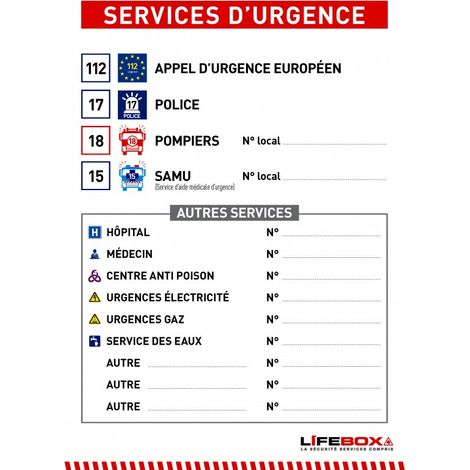 Panneau des numéros d'urgence Lifebox PVC 21x29,7 cm