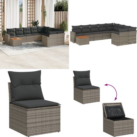 10-tlg. Garten-Sofagarnitur mit Kissen Grau Poly Rattan - Gartenmöbel - Outdoor Möbel - Rattan Gartenset - Lounge Set - Esstisch - Home & Living (1/5)