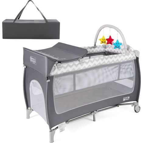 COSTWAY 4 in 1 Infant Nursery Center Folding Baby Playard w/ Toy Bar-Grey (1/5)