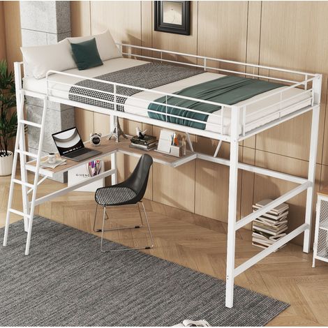 Cama Alta 90x200 Cm Estructura Metal Y Escritorio En L Blanco