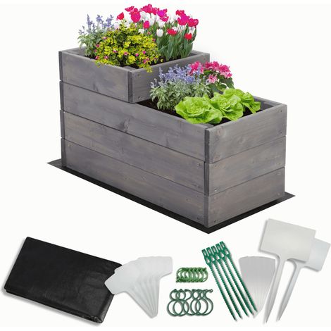 MODO24 Carré potager surélevé en bois, 2 niveaux en cascade, 36x30x63 cm, jardin/terrasse, kit jardinier inclus, gris imprégné
