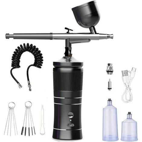 Kit aérographe avec compresseur et décorations pour ongles. Aérographe sans fil pour coiffure, nail art, décoration de gâteaux, maquillage et peinture de maquettes (noir). (1/5)