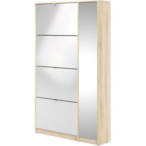 Shane Schuhschrank 4 Klapptüren 2R, 1 Spiegeltür eiche Struktur Dekor, hochglanz weiss.
