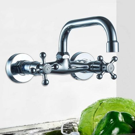 Wasserhahn, Küchen Armatur Zweigriff Wand Spültischbatterie mit Schwenkbarem Auslauf Heißer und Kalter Wasserhahn Messing Spültisch ​für Küche Waschbecke