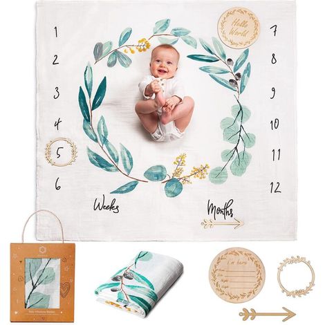 Couverture Etape Bébé en Français Langes Coton Bébé Tapis Mois Bebe Garçon Ou Fille, Unisexe Thème Feuilles (1/5)
