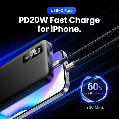 Powerbank 10000mAh Ugreen PB311, USB + USB-C, 20W PD (schwarz)