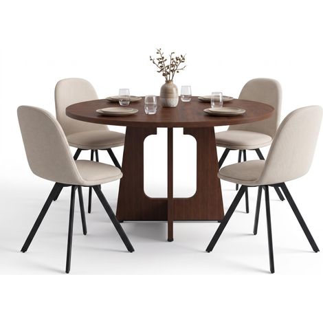 FurnitureR 5-teiliges Essset mit MDF-Rundtisch und 4 Drehstühlen, 120-cm-MDF-Rundtisch in Walnussoptik mit 4 beigen Drehstühlen für einen warmen, komfortablen Essbereich (1/5)