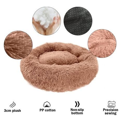 Runder, weicher Hunde- und Katzenkorb - Beruhigendes Anti-Stress-Plüschkissen für Katzen und Hunde, bequemes, waschbares Donut-Bett für kleine und mittelgroße Katzen und Hunde (Kaffee, 60 cm) (1/4)