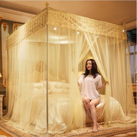 Moustiquaire à baldaquin royale 3 ouvertures, support en métal, tente anti-insectes pour lit double, moustiquaire de lit pliable, modèle sur pied, décoration chambre élégante. (1/3)
