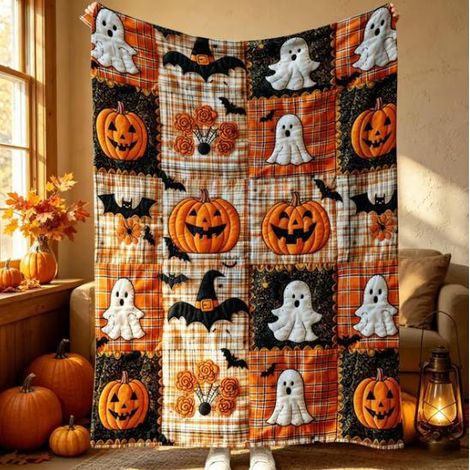 New Halloween Pumpkin and Bat Flannel Blanket - Soft, Lightweight, and Comfortable Sofa Bed Blanket - 100130CM