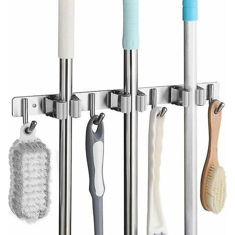 Soporte de pared de acero inoxidable para escobas, estante de pared con 3 ranuras y 4 ganchos para cocina, baño, garaje y jardín, color gris. (1/5)