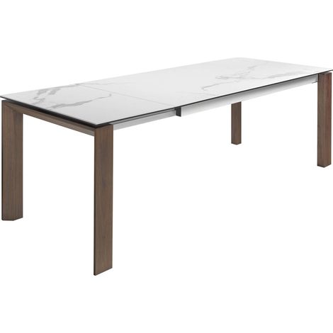 Table de diner plateau rectangulaire extensible en porcelaine et verre pieds bois - Blanc, gris (1/5)