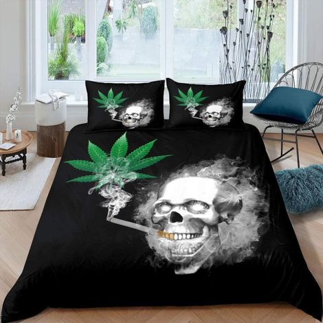 Bettwäsche-Set 155x220cm mit Totenkopf & Cannabis-Motiv, 3D-Druck, Mikrofaser