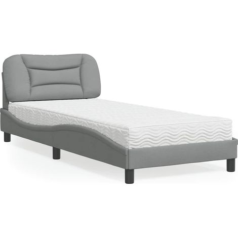 Lit 90 x 190 cm avec matelas en mousse, tissu gris clair, tête de lit et sommier à lattes - PANGIVO (1/5)