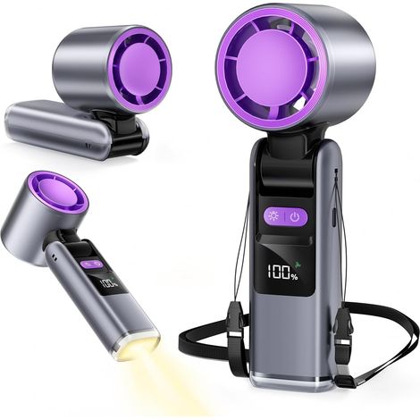 Mini Ventilateur Turbo avec Plaque Rafraîchissante Intégrée, Ventilateur USB Portable 3-en-1, 100 Vitesses, Lampe LED, 14h d’Autonomie – Gris