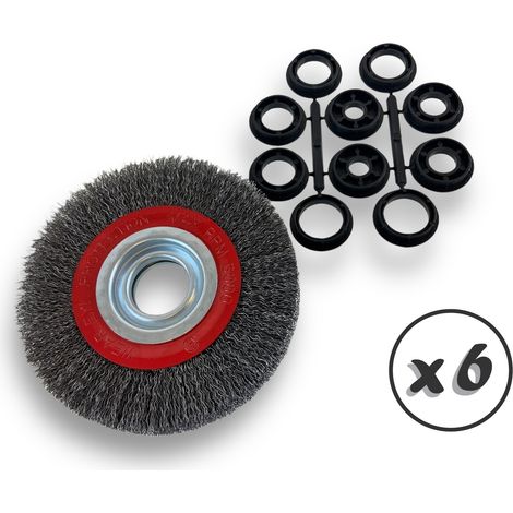 Lot de 6 brosses circulaires ACIER Ø 150 mm Epaisseur 2 rangs Fil dur 0.30 mm ondulé Alésage 32 mm + réducteur bague 25/22/20/16/12 mm Touret affûteuse ponceuse Kibros 235152ATx6