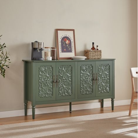Sideboard 160x40x89 cm, con ante in rilievo, angoli arrotondati, maniglie in metallo, truciolato, MDF e metallo verde (1/5)