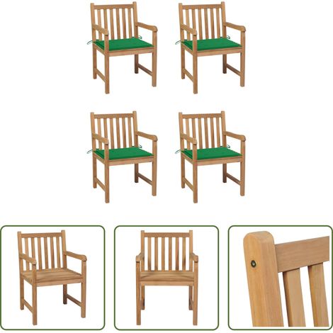 Teakholz -  Gartenstühle 4 Stk. mit Grünen Kissen Massivholz Teak (1/5)
