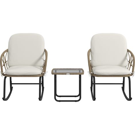 Ensemble de fauteuils à bascule bistro bohème en rotin PE résistant aux intempéries, crème (1/5)