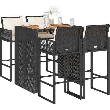 5-tlg. Gartenbar-Set mit Kissen Schwarz Poly Rattan Akazie (1/5)