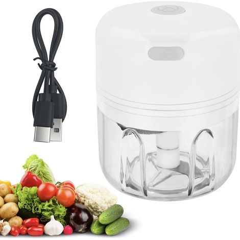 Hachoir Électrique 250 ml, Mixeur Hachoir Rechargeable USB, Portable Mini Coupe Legumes avec 3 Lames en Acier Inoxydable pour Oignon, Ail, Viande, Légumes et Les Fruits (Blanc) (1/5)