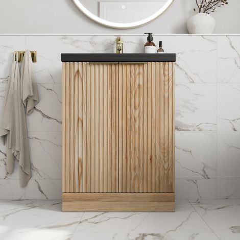 Fluted 600mm Bathroom Vanity Unit Basin Floorstanding Cupboard Soft Close Oak (1/5)