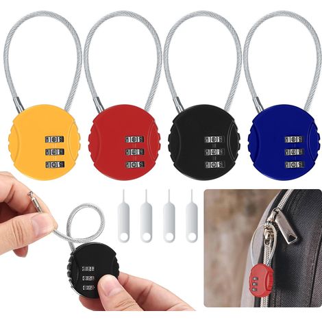 4 Pièces Cadenas à Combinaison, Petit Cadenas à Code Cable, Cadenas de Sécurité à Combinaison à 3 Chiffres Réinitialisables pour Valise Sac de Voyage Casier, avec 4 x Codeurs (1/5)