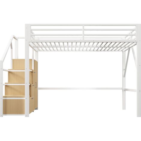 Letto a soppalco in metallo 140x200 cm bianco con vani contenitore, armadio e LED (1/5)