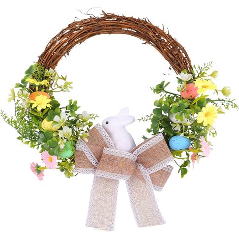 Guirlande De Pâques - Lapin En Peluche Avec Œufs Pastel Et Fleurs Mixtes - Décoration Porte Extérieure Intérieure - 1 Pièce (1/5)