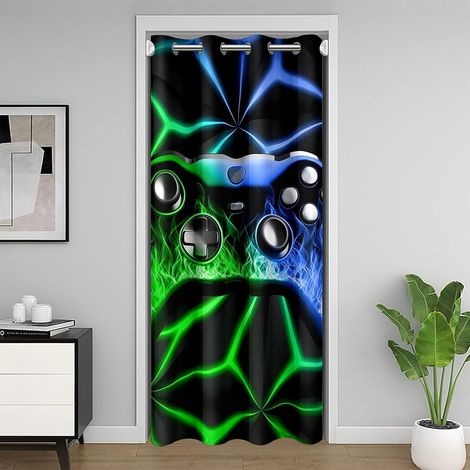 Rideau de Porte Vert Bleu Gamer Rideau Occultant 106x203 Jeux pour Enfants Rideaux Porte Jeux Vidéo Rideaux de Placard Décor de Chambre,Style Fumé de Luxe Géométrique,Bleu et Vert - 106L X 203H cm (1 (1/5)