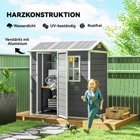 Abri de jardin avec plancher, fenêtre, porte verrouillable, résine plastique, résistant aux intempéries, gris (1/5)