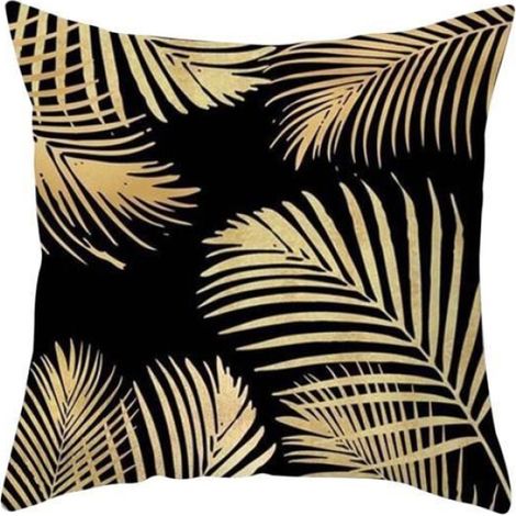 Housse De Coussin - 45x45 cm - Motif Plante Tropicale - Polyester - Noir Doré - Pour Décoration Intérieure - 2 Pièces (1/4)
