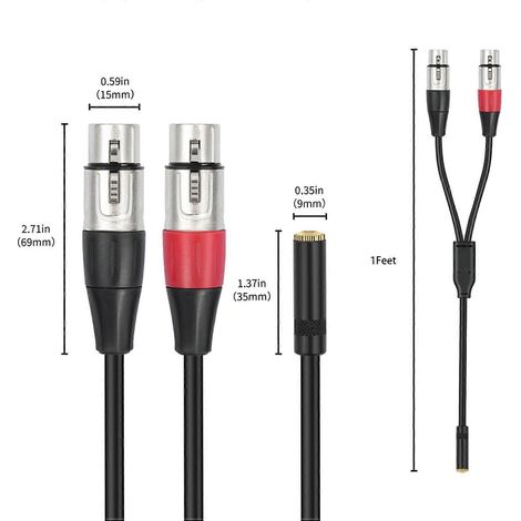 Deux adaptateurs XLR doubles vers femelles 1/8 pouce, mini-jack symétrique (3,5 mm) vers câble microphone, adaptés aux tables de mixage d'enceintes. (1/5)