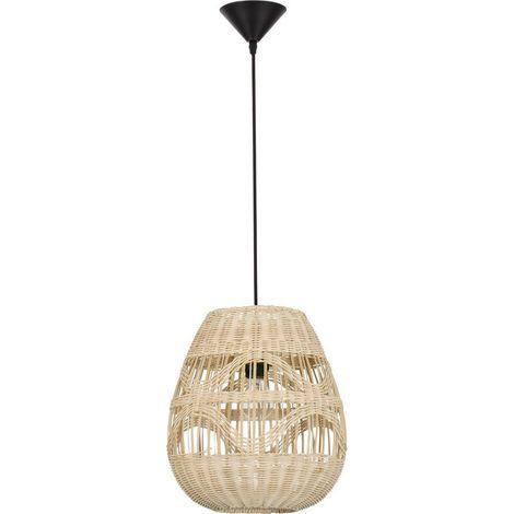 Merano Land Plafonnier Suspension Dôme 30cm Rotin Naturel Fil Tissu Noir Culot LED E27