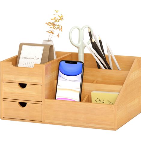 Organiseur de bureau en bambou avec 2 tiroirs et 7 compartiments rangement 33 x 20 5 x 15 cm (1/5)