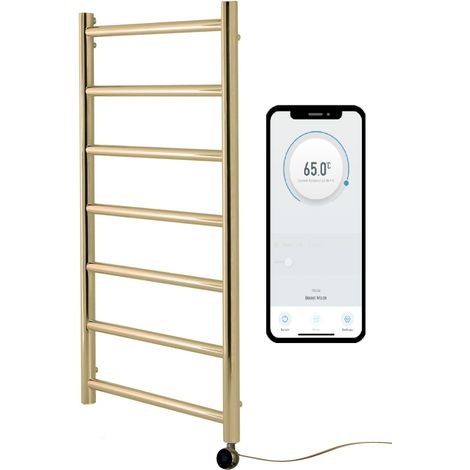 Electric Selby Heated Towel Rail Smart WiFi Brushed Brass 500mm W x 800mm H 7 Day Programmable Timer App Compatibility Stainless Steel
