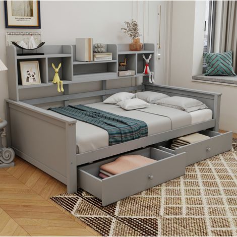 Divano letto in legno grigio 90x200 cm con cassetti, scaffali laterali e rete a doghe inclusa (1/5)