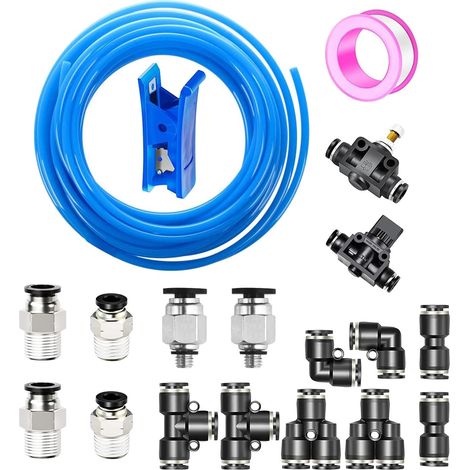 10 m Polyurethane Pneumatic Hose Blue, 8 mm x 5 mm (ODxID) PU Air Hose with 16 Pneumatic Connector (Black 2 Straight, 2 Elbows, 2 T-Connectors, 2 EnY Separators, 6 Male Threaded Fittings) (1/5)