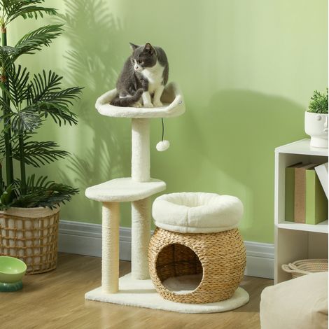 Katzenbaum 79 cm mit Höhle, Liegefläche, Bällen und Sisalkratzstämmen, cremeweiß HAVRYA (1/4)