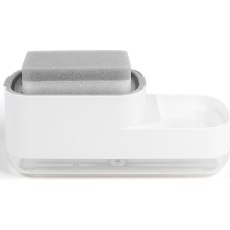 Premium 2-in-1 Seifenspender mit Schwammhalter, transparentem Wasserbehälter, Drucksystem, Sofort-Schaumfunktion, kompakter Küchenorganizer (Weiß)