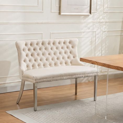 Banquette 2 places en velours beige avec piètement inox (1/5)