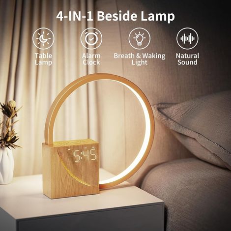 Lampada da comodino a LED con sveglia, porte di ricarica USB, lampada da tavolo dimmerabile con 3 modalità di luminosità, 10 suoni naturali per adulti e bambini, per camera da letto e ufficio [classe (1/4)