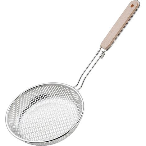 Écumoire en maille d'acier inoxydable avec manche en bois, passoire à double paroi pour frire, égoutter et blanchir, passoire de cuisine résistante à la chaleur pour filtrer les graisses (1/5)