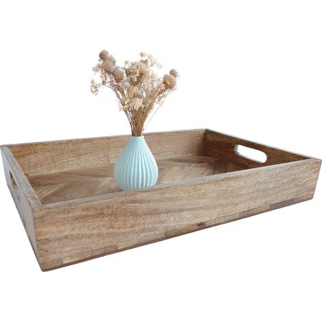 Mango Dekotablett natur mit Griffen - 40 x 27 cm - Holz Servierbrett mit Rand rechteckig - Tischdeko Servier Kerzen Tablett Weihnachten