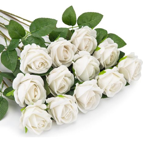 12 roses artificielles, fausses fleurs en flanelle, fleurs à tige longue unique avec boutons de rose (blanches)