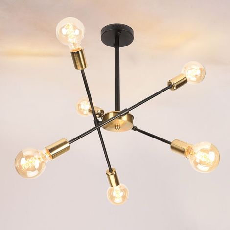 Plafonnier Lustre LED 6x E27 Douille Lampe Vintage Rétro Luminaire Salle à Manger Chambre Noir et Cuivre (1/5)