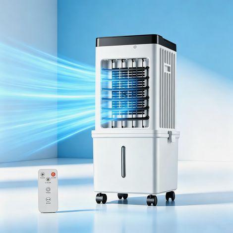 Rafraîchisseur d'air, Climatiseur Portable avec Réservoir Amovible 15L et 4 Cristaux de Glace, Ventilateur Froid à Télécommande, 3 Vitesses, Minuterie 7.5H, Oscillation Large