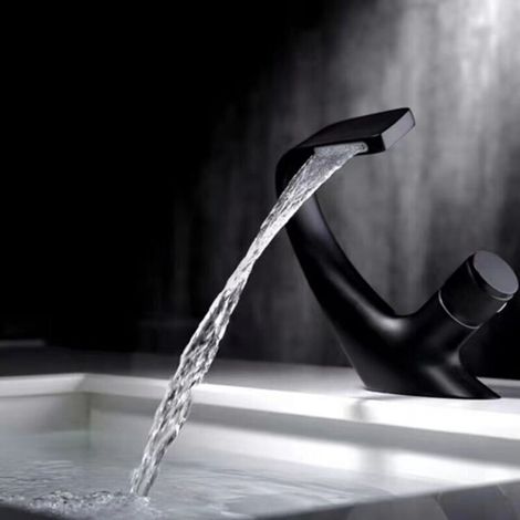 Robinet Lavabo Noir-Mitigeur de Salle de Bain-Robinet Cascade pour Vasque Solide-Robinetterie de Super Qualité（Noir）A (1/3)